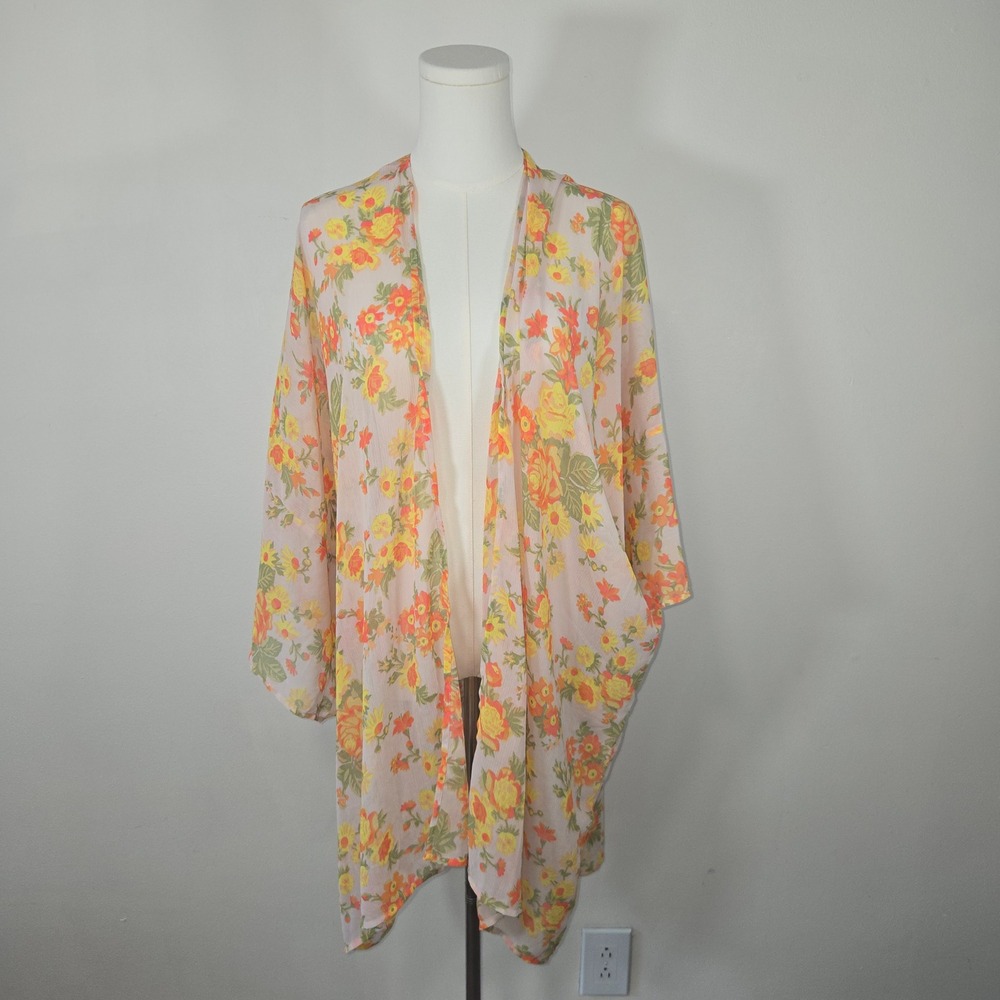 Aerie Kimono Wrap Womens OS Yellow Orange Floral Chiffon Sheer Oversized Coverup